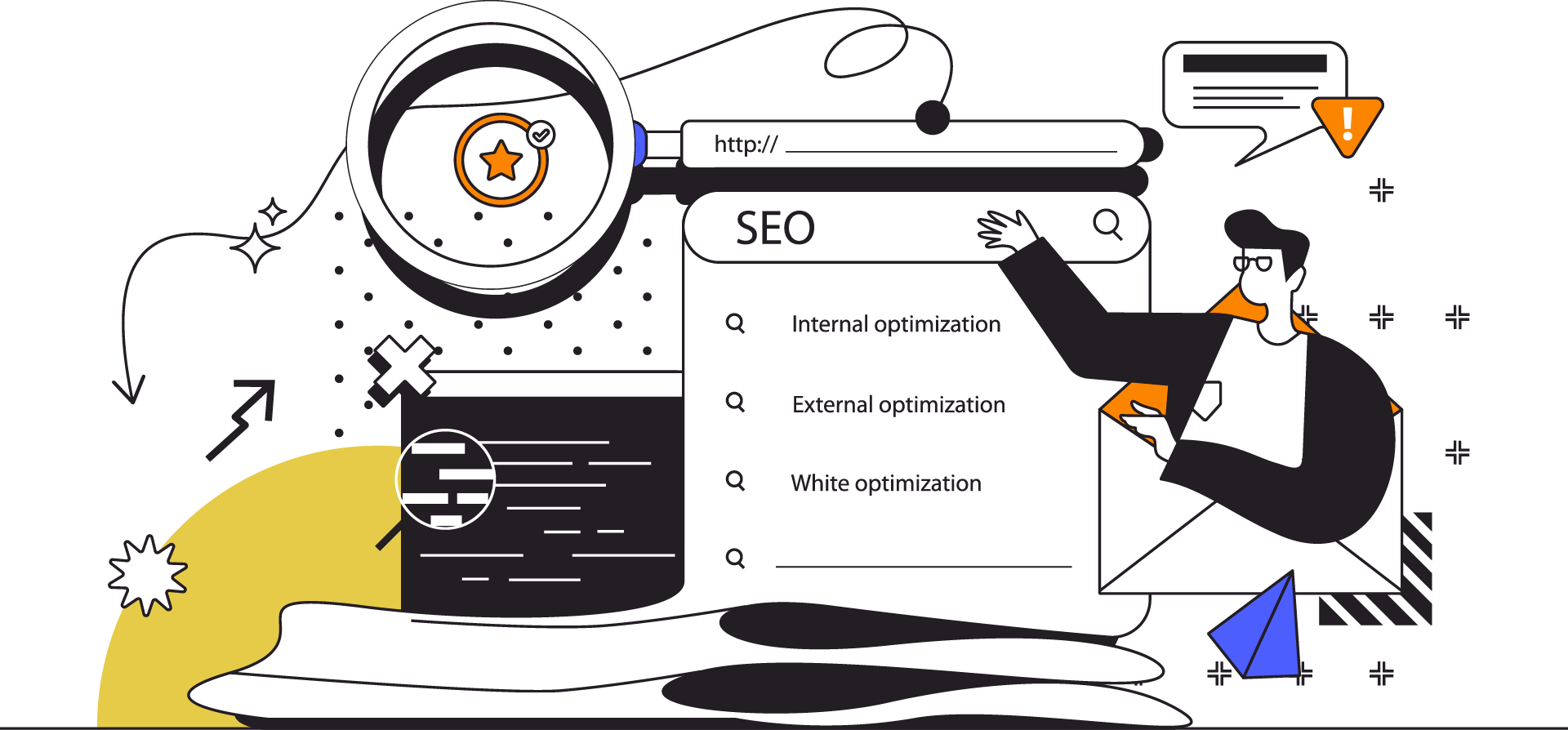 illustration of SEO with search box and results
