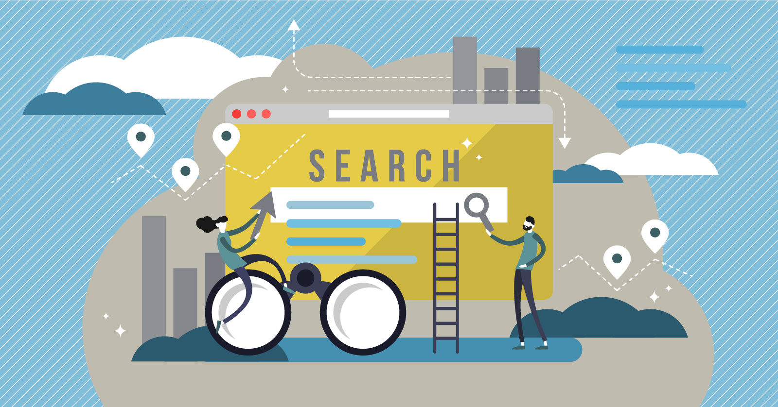 illustration of people working on a search result screen