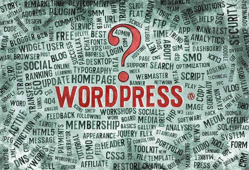 image of the word WordPress with other words around it relating to website work